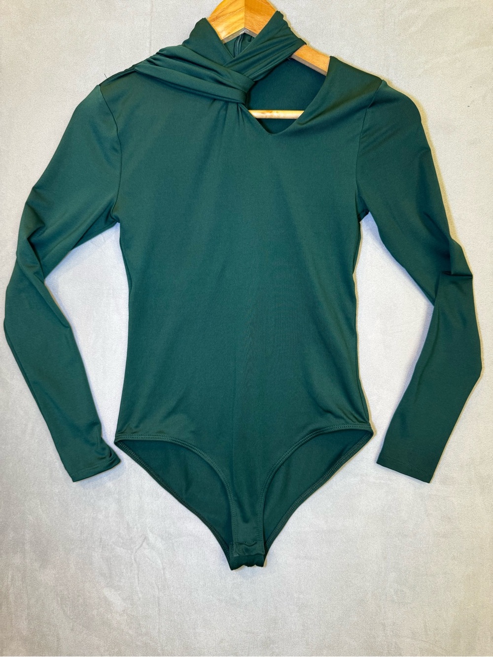 Zara Green Bodysuit US Small Draped Scarf Neck Long Sleeve Cutout Top